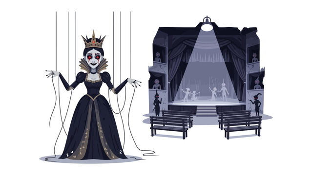 Enchanting Stage Puppet: A surreal depiction of an ornate puppet queen on stage, manipulated by unseen forces, staring the audience.