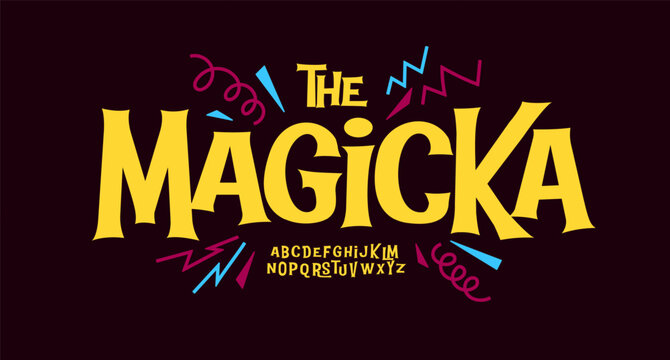 Witty bright font features bold bouncy serif letters in fun fairytale style, blending magic, mystery and childish energy into a playful typeface for party headlines, posters, logos. Vector typeface.