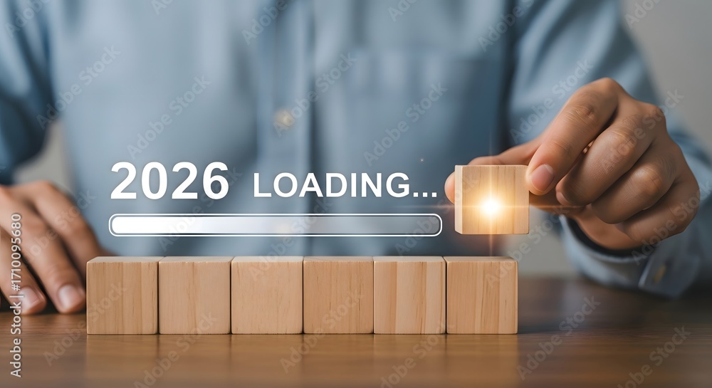 Poster planning for the future concept loading new year with wooden blocks and progress bar in the image