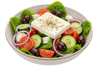 Vibrant greek salad with romaine, tomatoes, cucumbers, kalamata olives, red onion, feta, and pepper in a rustic white bowl, isolated on white with copy space. Concept of healthy mediterranean cuisine