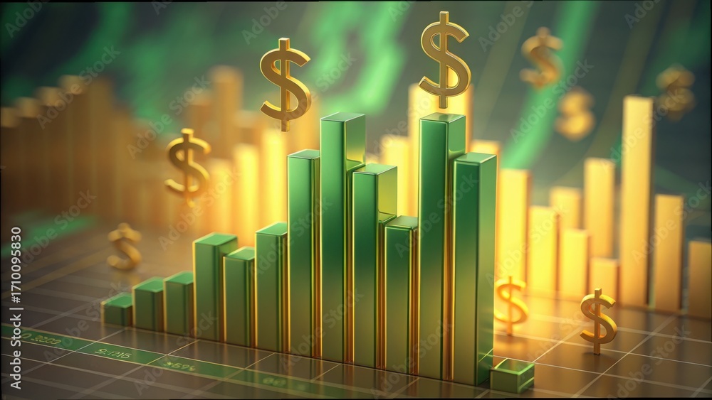 Poster 3d bar graph with floating dollar signs over a financial background