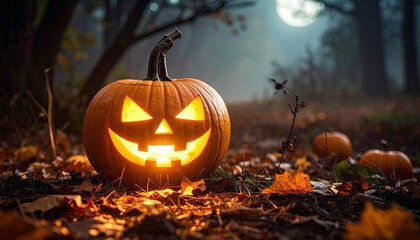 Spooky Jack-o'-lantern glowing in a dark autumn forest with fallen leaves and a full moon