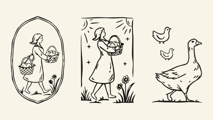 Vintage style illustration of a girl carrying baskets and geese