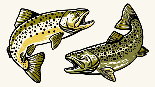 Two stylized brown trout fish illustration isolated on white background