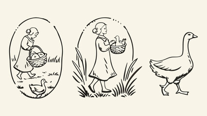 Vintage illustration of a girl collecting eggs and a goose