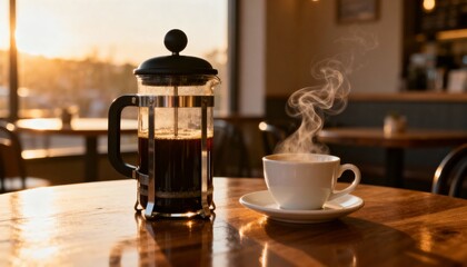 Cozy still life of a French press and steaming coffee cup on a wooden table in a warmly lit caf&eacute;.
