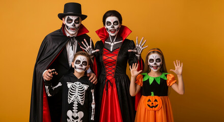 Family in Halloween costumes: parents and two children with skeleton face paint, against yellow background Free space for text