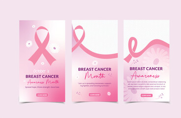 Breast Cancer Awareness Month Editable pink ribbon Social Media stories set  design template