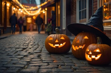 Fototapeta premium Halloween Pumpkin Display on Vintage Urban Street at Golden Hour with Fog, Carved Jack O’Lantern, String Lights and Autumn Market Atmosphere