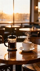 Cozy still life of a French press and steaming coffee cup on a wooden table in a warmly lit café.
