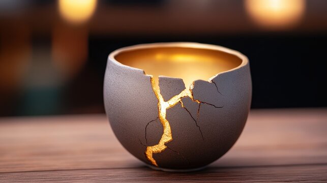 A beautifully cracked bowl with a golden interior, symbolizing resilience and beauty in imperfection, This image can be used in articles or designs focusing on personal growth, art, or philosophy,