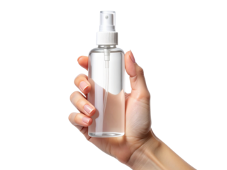 The Essence: A photorealistic depiction of a hand holding a spray bottle, filled with a transparent liquid.