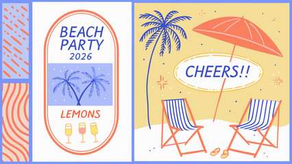 Summer beach party invitation with tropical vibes and celebration drinks