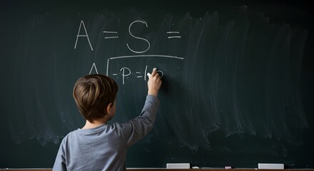 Young student writing mathematical formula on a blackboard. Education, learning, and academic concept.