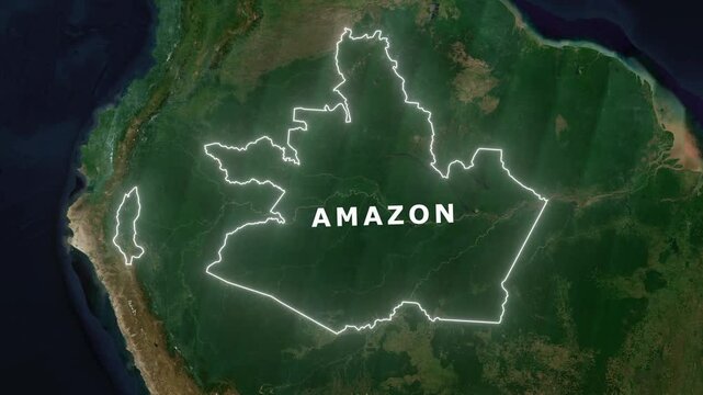 Zoom from Earth to the Amazon forest, glowing 3d satellite map animation.
