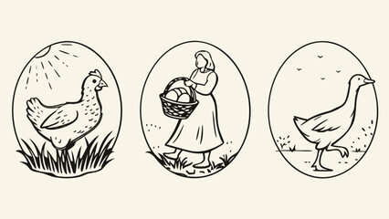 Farm life illustrations of chicken woman with egg basket and goose