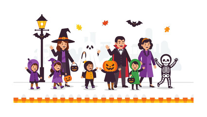 Naklejka premium Enchanting Halloween Gathering: A vibrant illustration depicting a joyous Halloween celebration featuring a group of costumed figures of various characters.