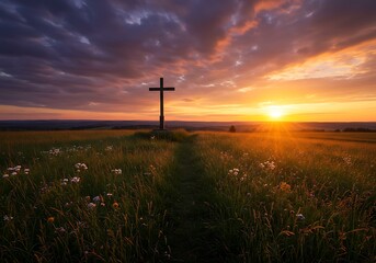 Obraz premium Sunset Cross in Field of Flowers