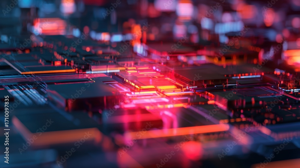 Poster abstract close-up of a vibrant, glowing circuit board showcasing intricate patterns and technology