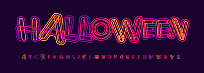 Spooky neon font features bold colorful letters with glowing retro style, combining horror, fun Halloween vibes into funky typeface for headlines, posters, invitations. Vector typeface