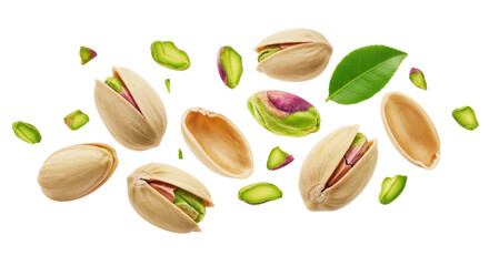 Vibrant green pistachios, whole, shelled halves, and chopped pieces, dynamically scattered and frozen in mid-air against a transparent background. Concept for healthy food advertising