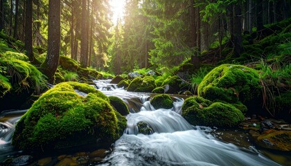 Obraz premium Serene Forest Stream Sunlit Mossy Rocks and Crystal Clear Water