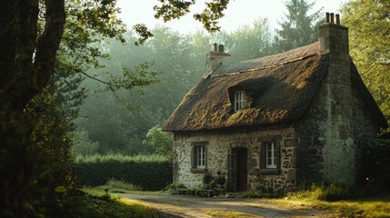 Stone cottage with thatched roof in misty forest.
