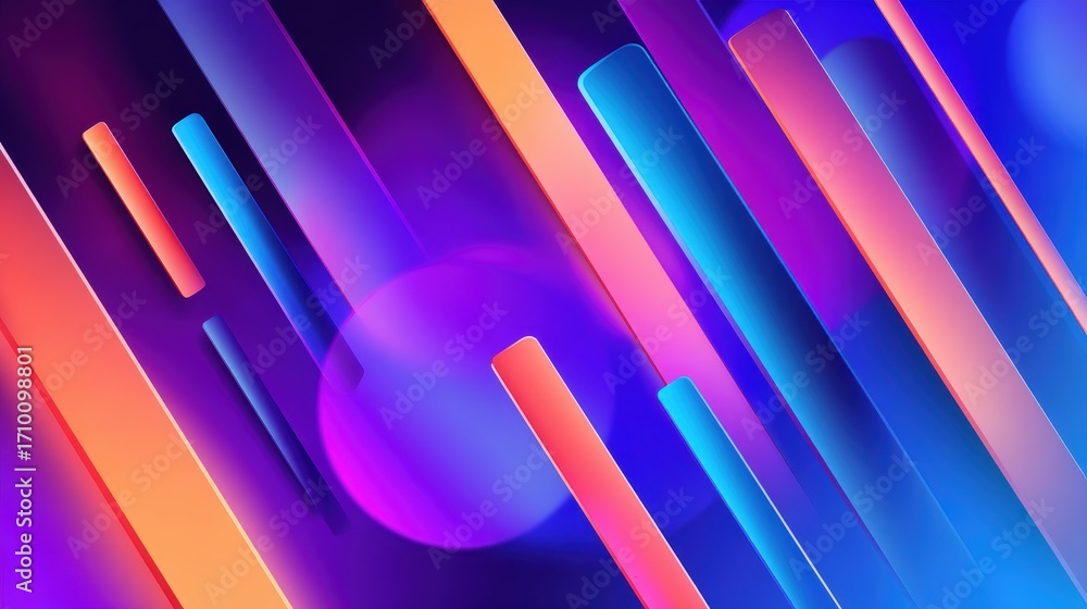 Poster vibrant abstract composition featuring colorful vertical lines and soft glowing circles on a dark ba