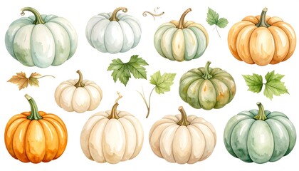 Watercolor Pumpkins and Leaves Autumnal Design.