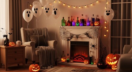 Warm Halloween living room decor including ghostly balloons, twinkling lights, and mystical bottles, creating a magical yet homey vibe for interior design, seasonal catalogs, and family celebration im