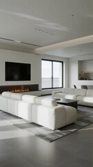 Modern Living Room with White Furniture and Fireplace