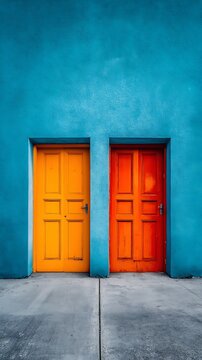 High quality image of two colorful doors stand side by side on a blue wall in a building.