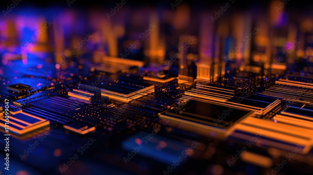 Poster abstract close-up of a vibrant microchip landscape showcasing intricate circuitry and glowing elemen