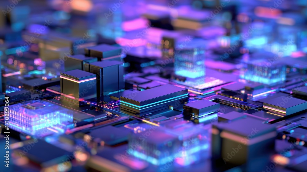 Poster a vibrant close-up of a futuristic circuit board with glowing components and intricate details