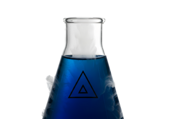 Dynamic Chemistry Experiment: Blue Liquid Solution in Laboratory Flask with Erupting Vapor. Scientific Research and Education Concept for Chemical Reactions and Discovery.