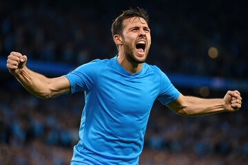Soccer player in uniform celebrating goal on stadium field. Concept of sport, victory, passion, success, and emotional triumph in professional football.