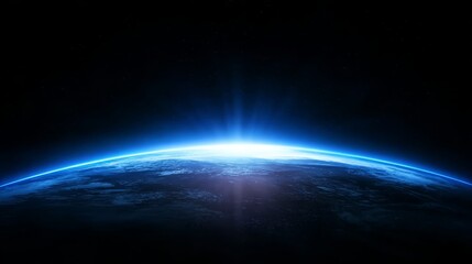 Obraz premium Earth's horizon illuminated by sunlight from space, showcasing the planet's curvature and atmospheric glow.