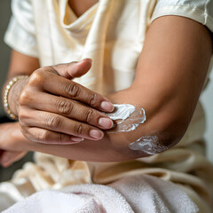 Close-up of woman’s hand applying cream on dry scaly elbow for skin care and healing