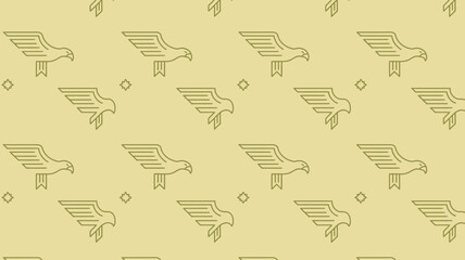 A seamless pattern featuring stylized eagles and small stars on a light yellowish beige background tone design