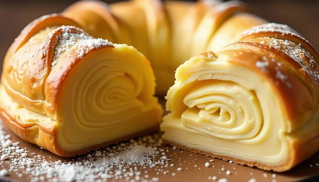 Close up of galette des rois showing layers of crisp pastry and creamy almond interior 