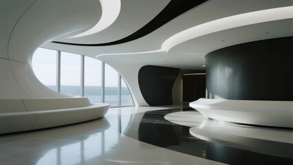 Obraz premium Modern interior with curved white and black architectural design, large windows overlooking water