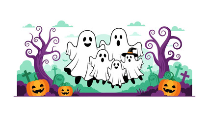 Spooky Halloween Ghosts Gathering: A cartoonish group of friendly ghosts gather around an orange carved pumpkin patch with green spooky background.