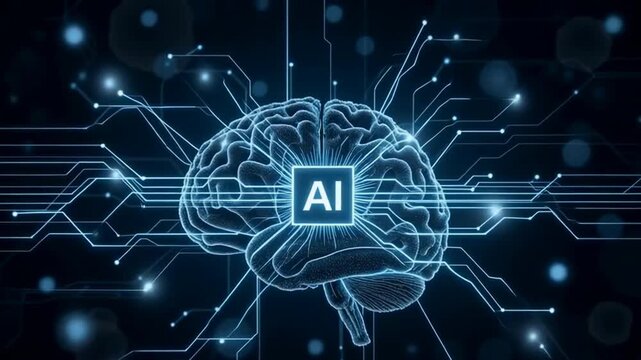 The image shows computer graphics symbolizing artificial intelligence (AI). In the center of attention is a stylized image of the brain, highlighted with blue lines, and the central element is a squar