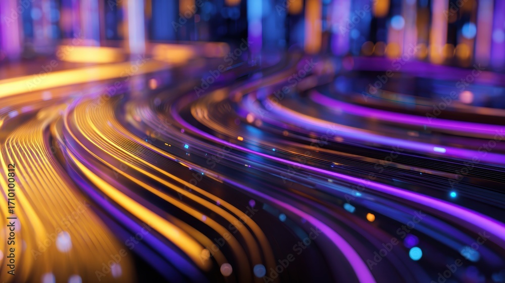 Poster vibrant flowing lines of purple and orange light create a dynamic abstract background for design use