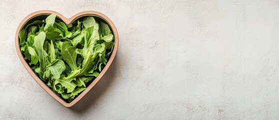 Arugula leaves fill heart shaped bowl. Fresh green salad in a wooden container on textured surface. Light background with copy space.