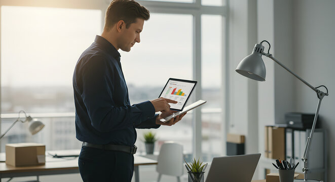 A man standing in an office using a tablet for digital design, illustration, visual communication, or stock photography