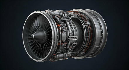 A detailed 3D rendering of a jet engine on a dark background showcasing its complex machinery and components