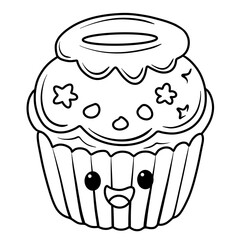 Halloween Cute cupcake black doodle outline.
