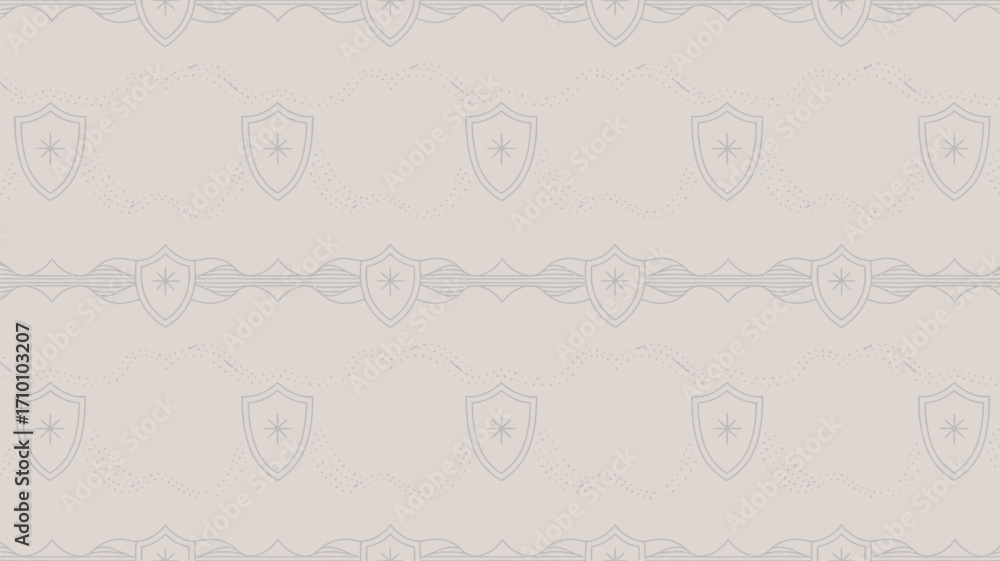 Poster faint pattern of shields and decorative elements in a repeating horizontal arrangement on light back