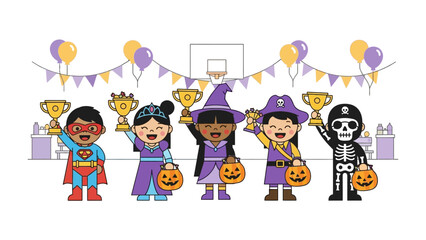Halloween Champions: A festive array of children in vibrant costumes proudly hold their trophies, celebrating Halloween with glee.